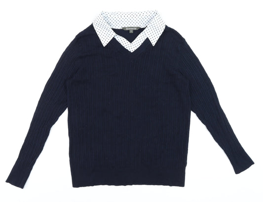 Bonmarché Women Navy Blue Viscose Knit Collared Jumper Size 14