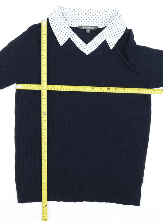 Bonmarché Women Navy Blue Viscose Knit Collared Jumper Size 14