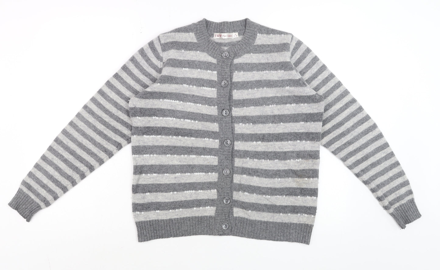 EWM Women Grey Striped Wool Angora Sequin Cardigan Size 14