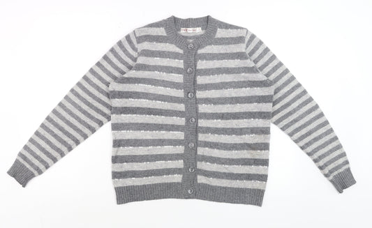 EWM Women Grey Striped Wool Angora Sequin Cardigan Size 14