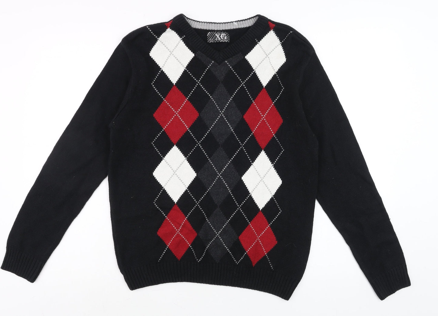 XG Men's Black Argyle V-Neck Cotton Blend Jumper Size L