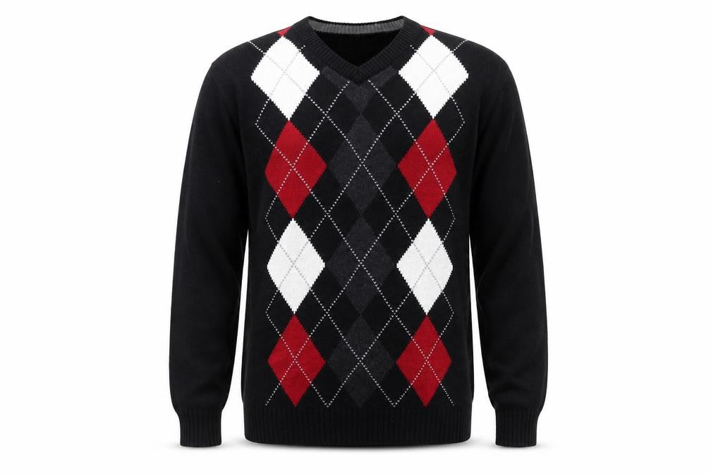 XG Men's Black Argyle V-Neck Cotton Blend Jumper Size L