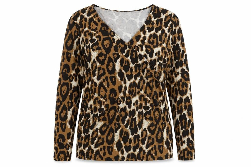 Kettlewell Women's Brown Animal Print V-Neck Wrap Long Sleeve Top Size L