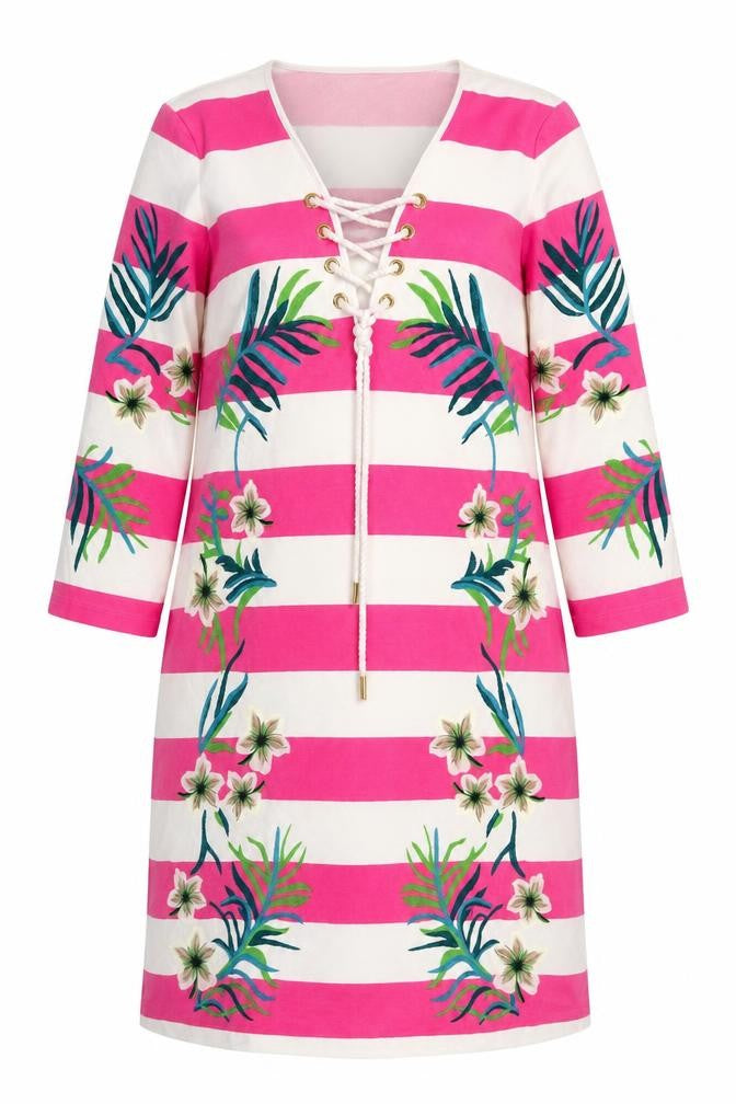 Front view of Juicy Couture women’s pink striped embroidered shift dress, size UK 14