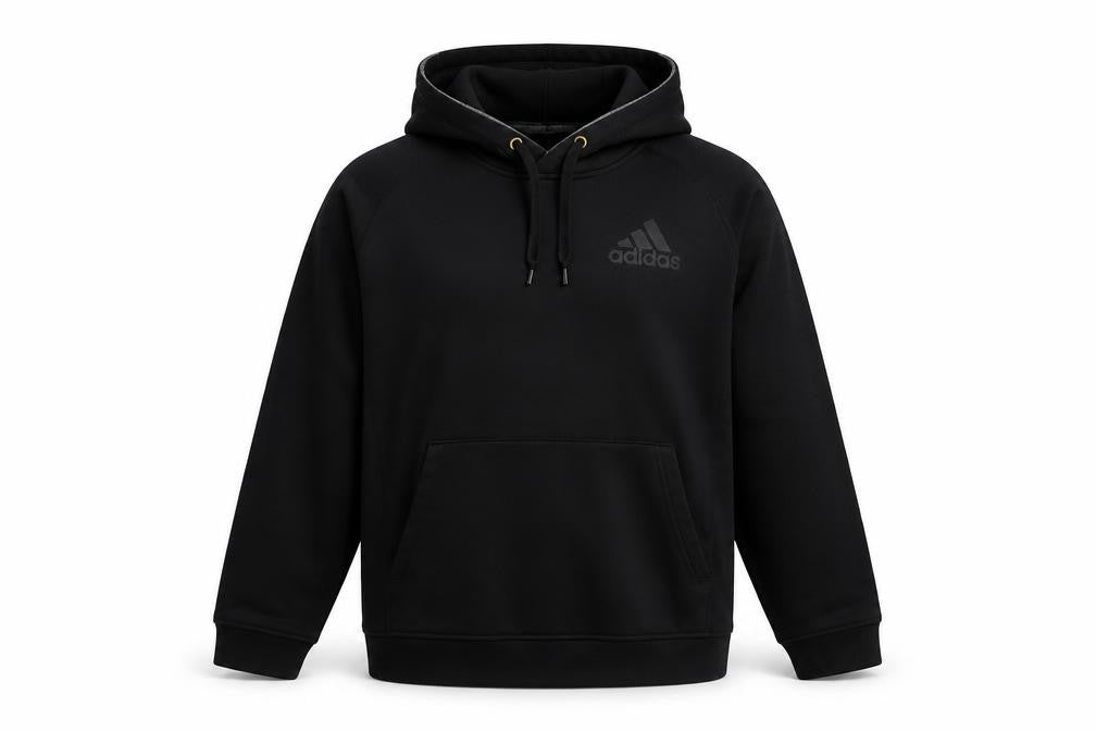 Front view of Adidas Men's Black Pullover Hoodie, size L, Sports Fleece