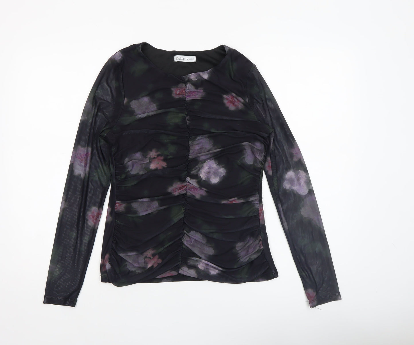 Gallery Womens Multicoloured Floral Mesh Ruched Long Sleeve Tunic Blouse Size M