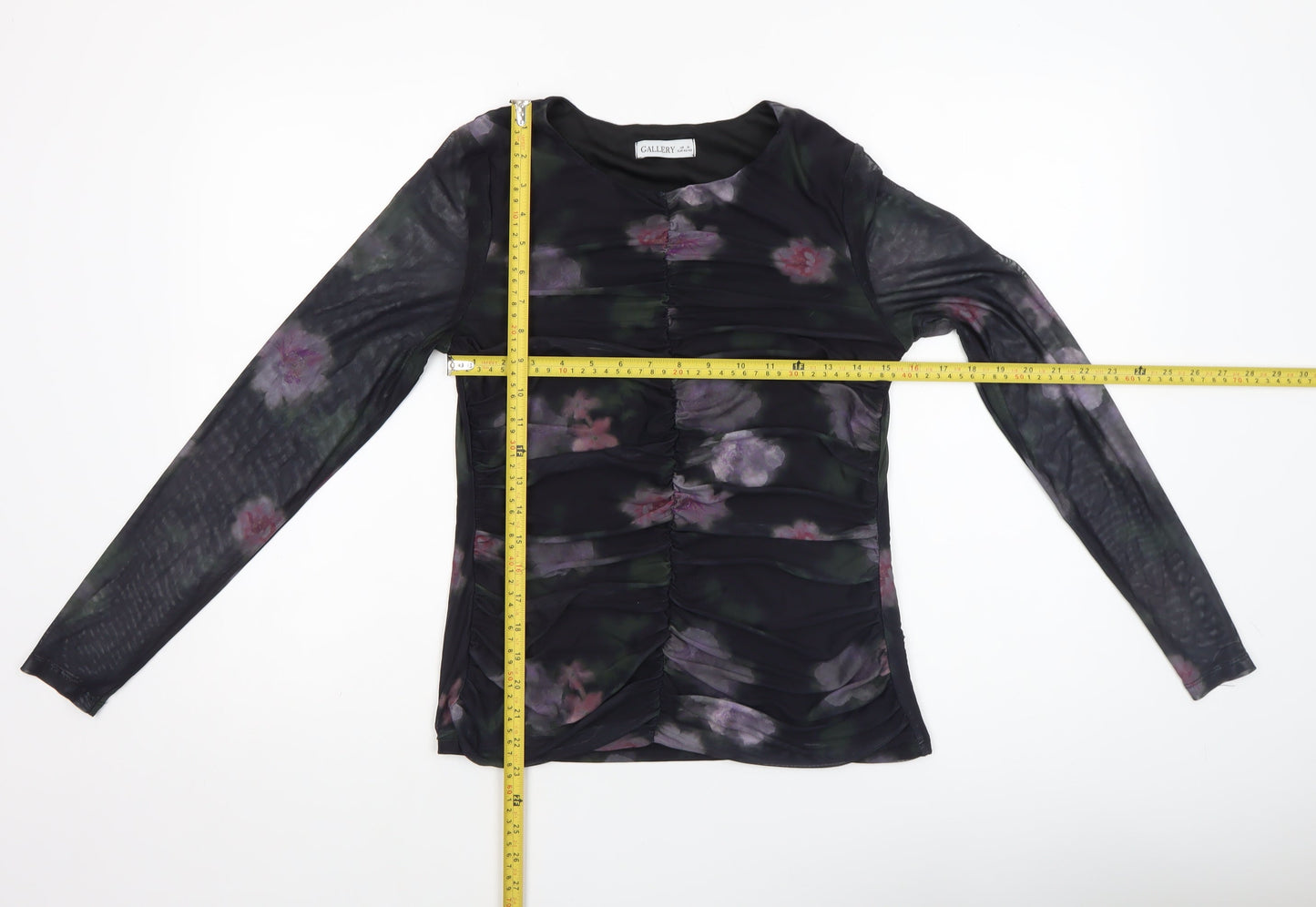 Gallery Womens Multicoloured Floral Mesh Ruched Long Sleeve Tunic Blouse Size M