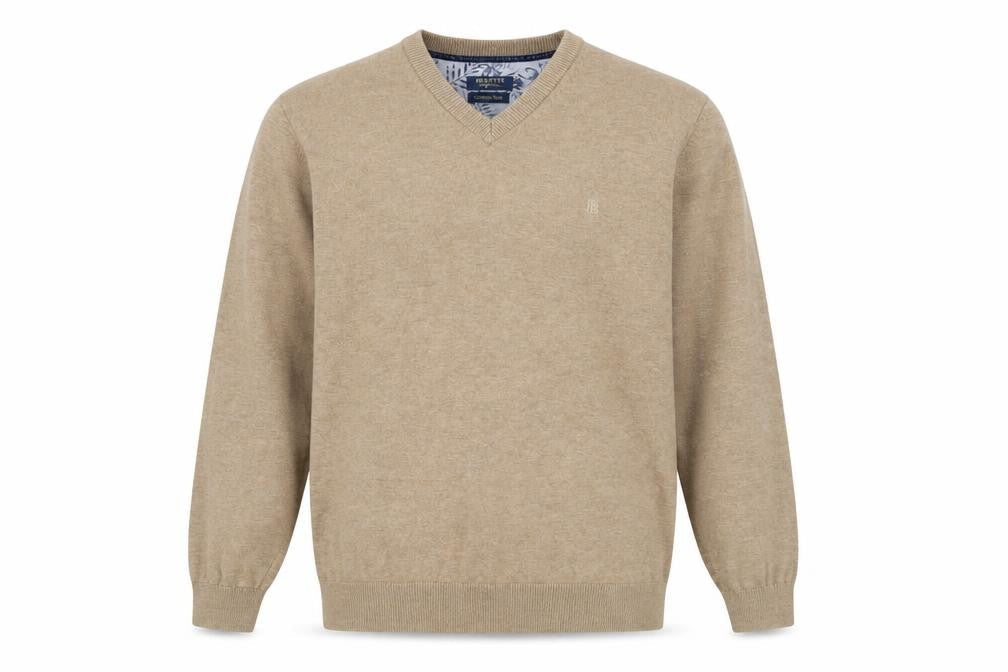 Benetti Men's Beige Cotton V-Neck Jumper L Classic Knitwear