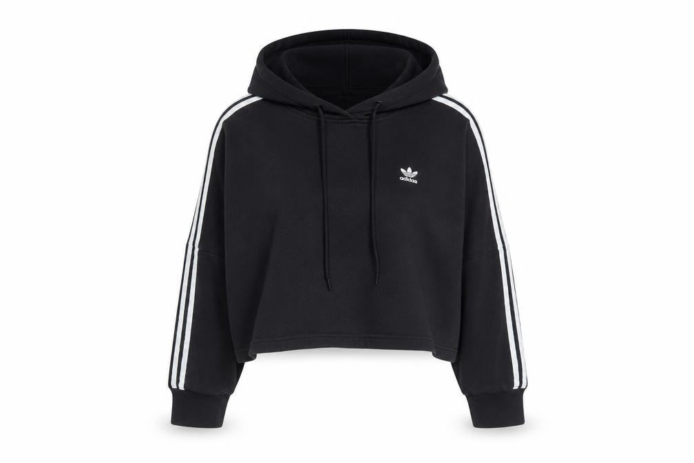 Adidas Womens Black Cropped Hoodie Size M 100% Cotton Casual Sportswear