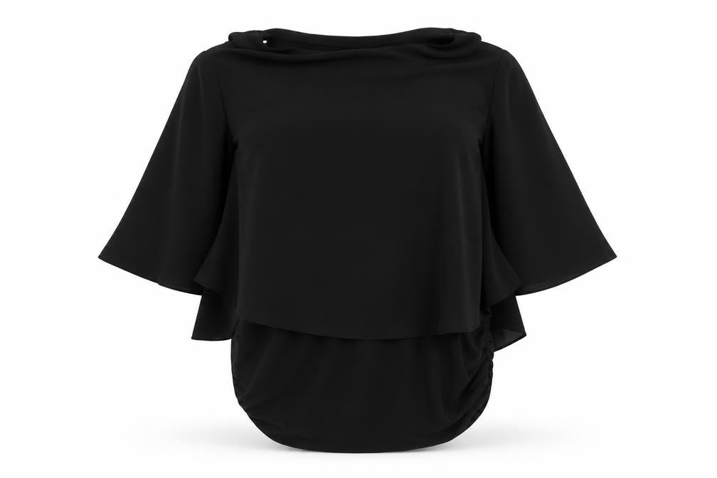 Front view of Dunnes Women’s Black Wrap Chiffon Blouse Short Sleeve, size S