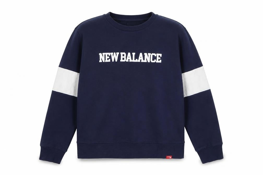 Front view of New Balance boys’ blue crew neck pullover sweatshirt, size L