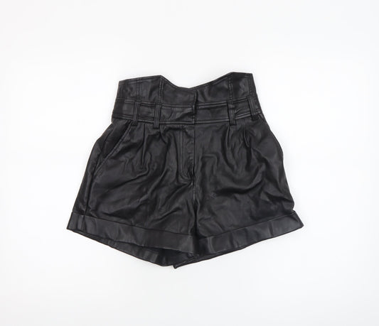 River Island Women Black Size 8 High Waist Paperbag Faux Leather Shorts