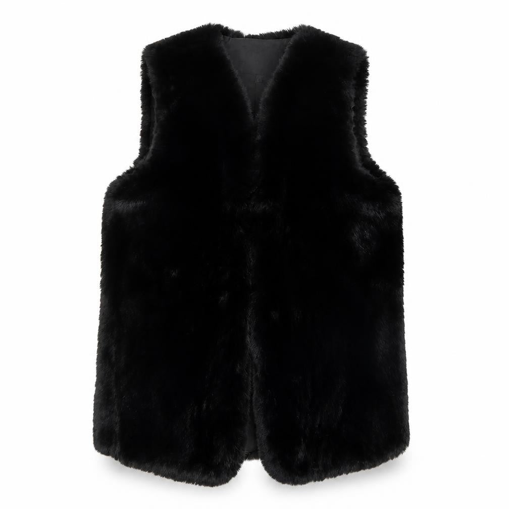 QED LDN Women’s Black Faux Fur Waistcoat Size M