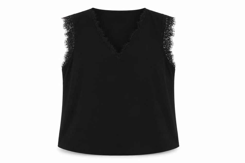 Front view of Gallery Women's Black Lace Trim Sleeveless V-Neck Blouse, size L
