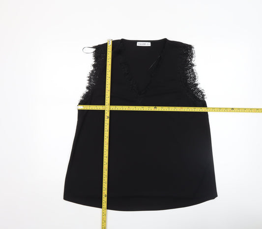 Gallery Women's Black Lace Trim Sleeveless V-Neck Blouse Size L