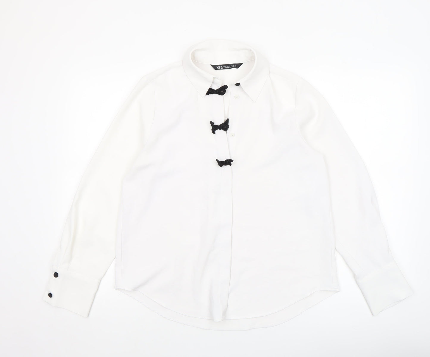 ZARA Women White XS Classic Button-Up Bow Accent Shirt