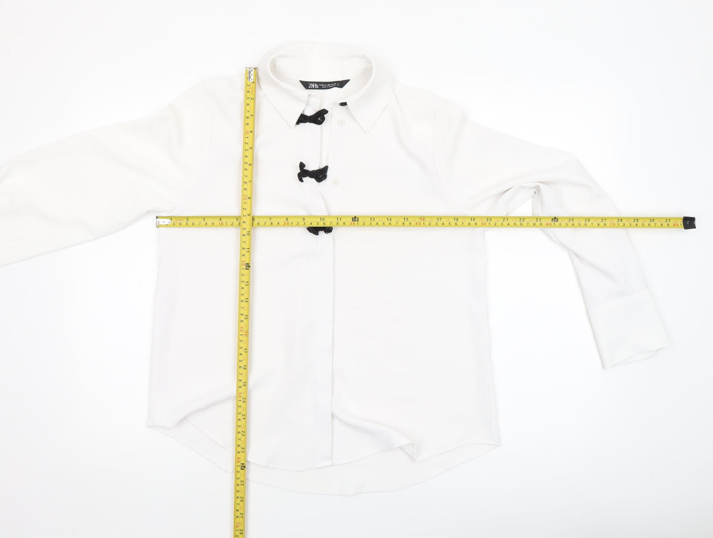 ZARA Women White XS Classic Button-Up Bow Accent Shirt