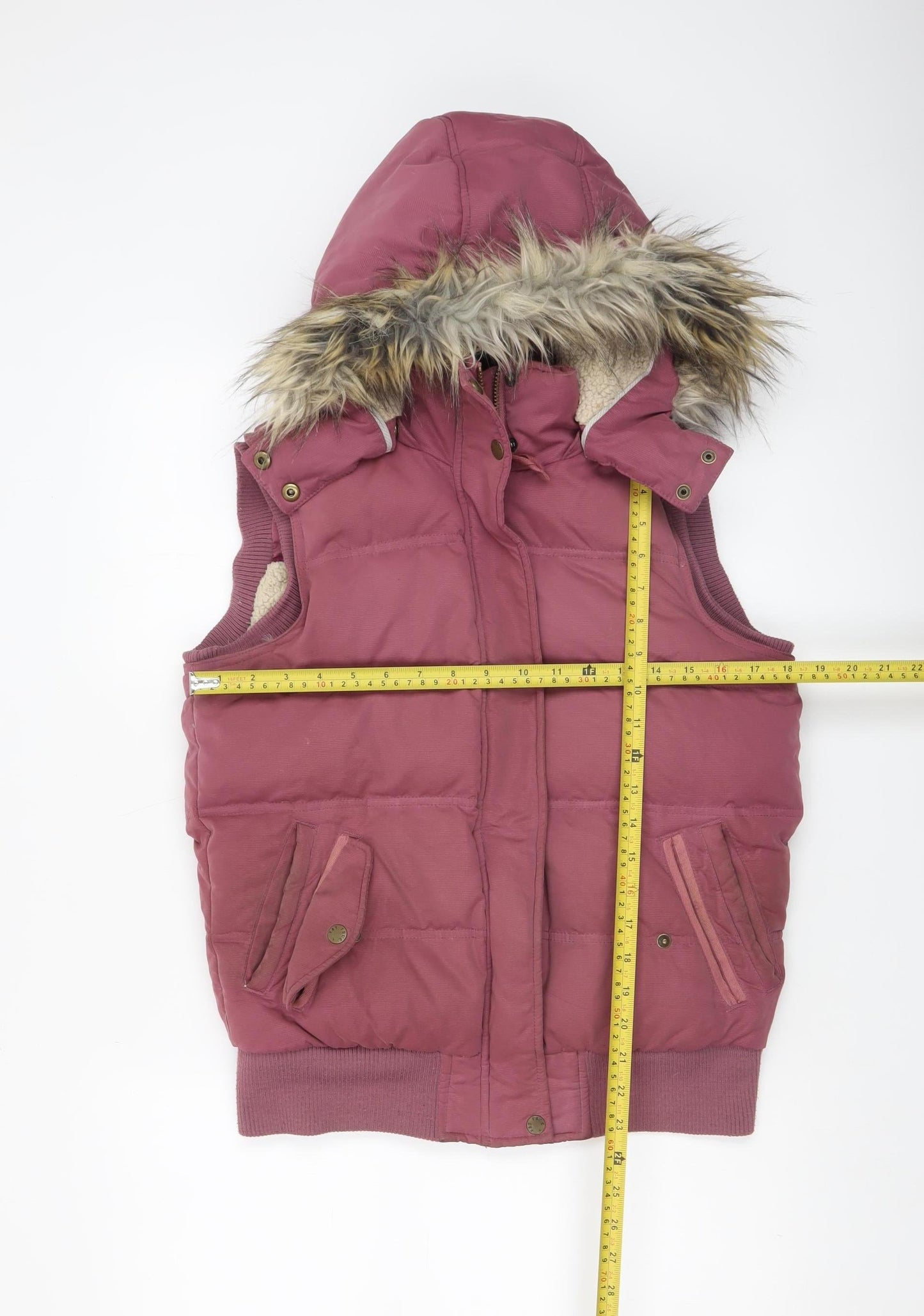 Fat Face Women's Pink Hooded Puffer Waistcoat Size 10 Fur Trim Outdoor Gilet