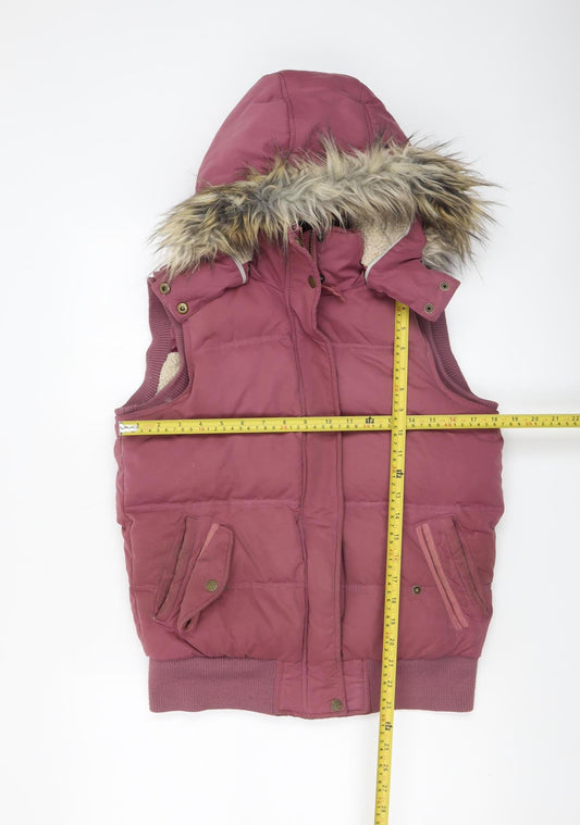 Fat Face Women's Pink Hooded Puffer Waistcoat Size 10 Fur Trim Outdoor Gilet