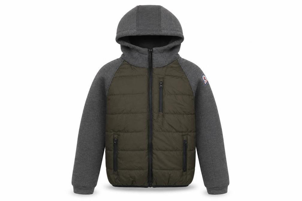 Front view of Invicta boys’ grey & green hooded puffer jacket 10 years polyester