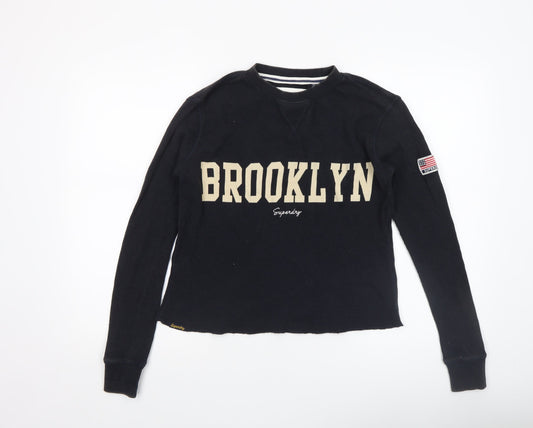 Superdry Women's Black Cropped Knit Long Sleeve Brooklyn T-Shirt Size 8