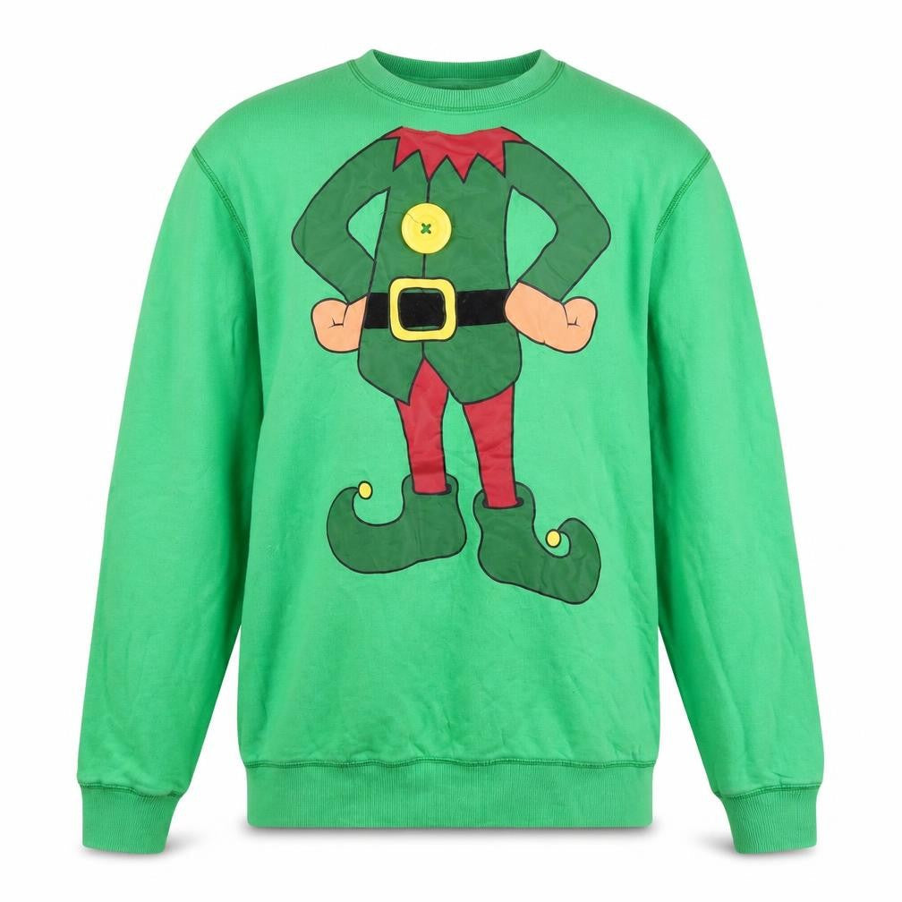 Front view of Easy Men's Green Christmas Elf Graphic Pullover Sweatshirt Medium
