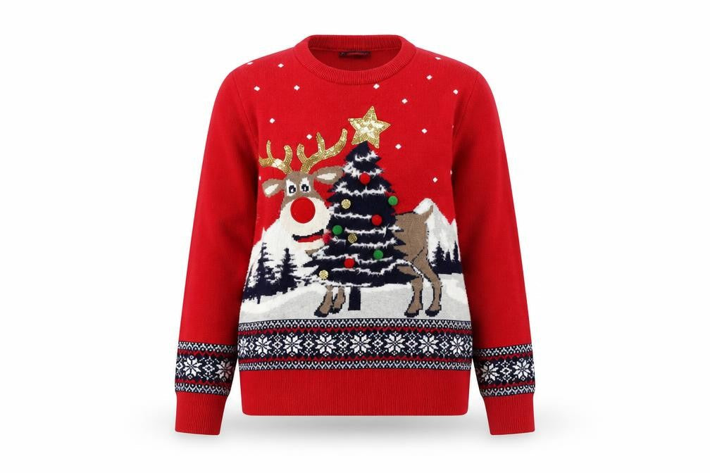 Dunnes Women's Red Christmas Reindeer Fair Isle Knit Jumper Size S