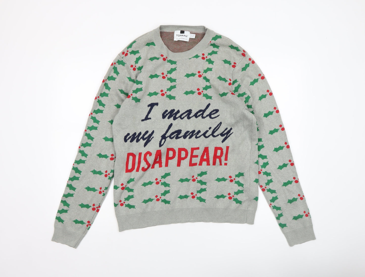 Topman Men's Grey Christmas Graphic Pullover Jumper Size L