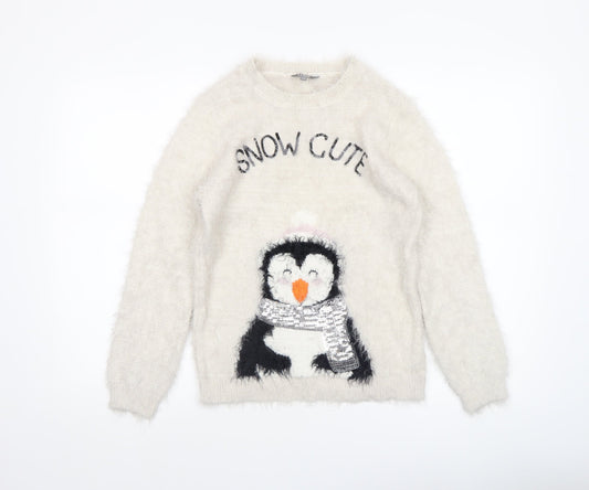 Fluid Girls Ivory Penguin Christmas Jumper 11-12 Years Pullover Knit