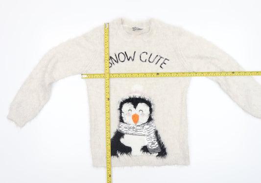 Fluid Girls Ivory Penguin Christmas Jumper 11-12 Years Pullover Knit