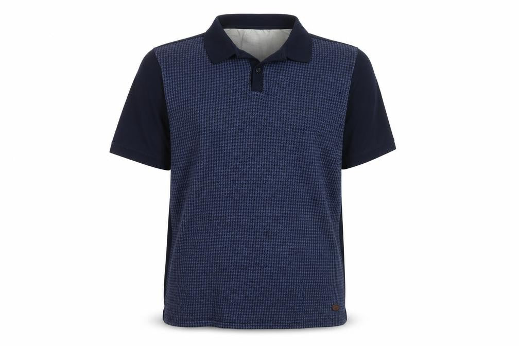 Front view of Hammond & Co Men’s Blue Houndstooth Polo Shirt, size L, Cotton Blend