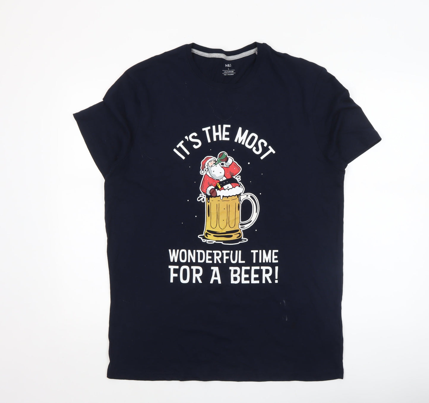 Marks and Spencer Men's Blue Christmas Beer Santa T-Shirt L