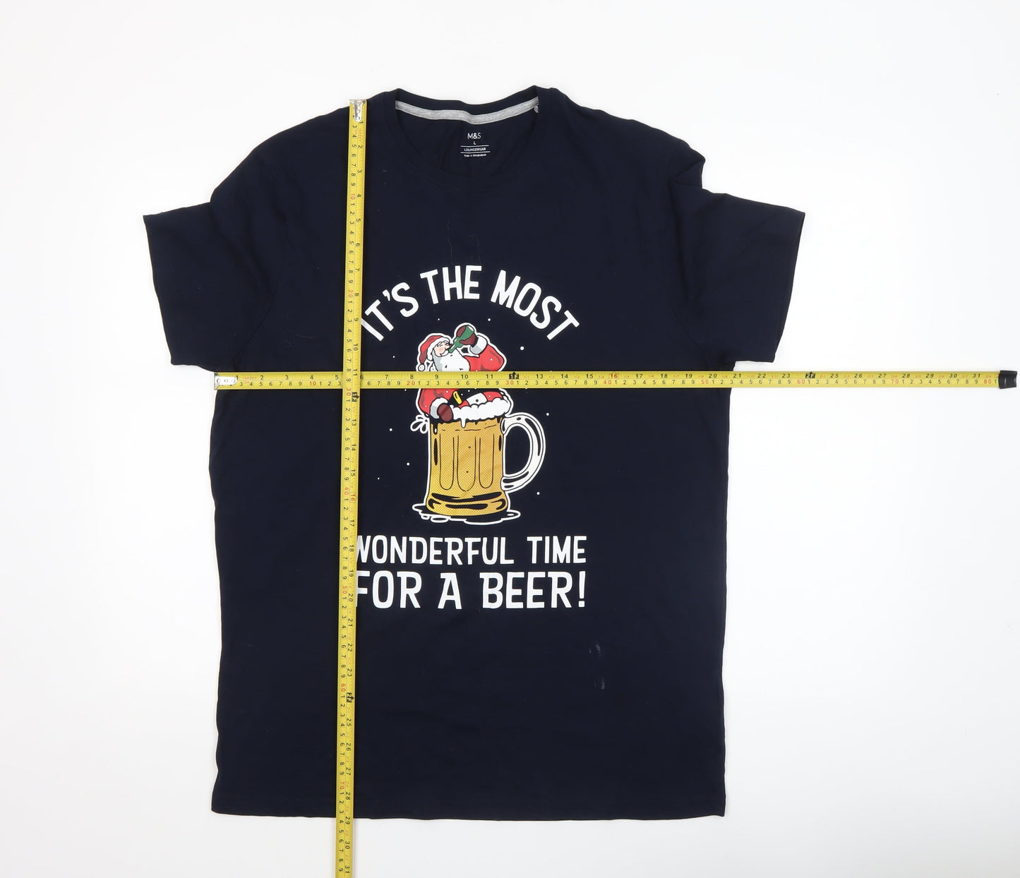 Marks and Spencer Men's Blue Christmas Beer Santa T-Shirt L
