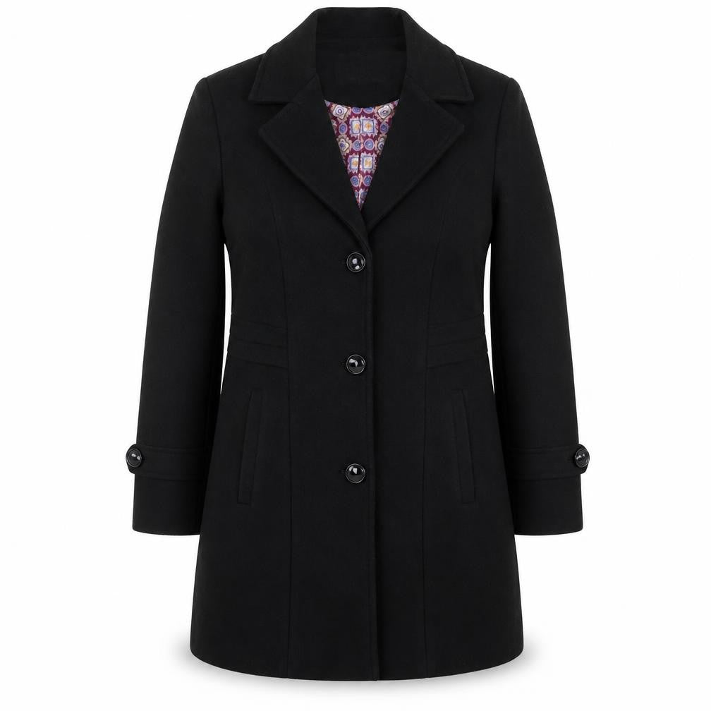 Front view of Fashion Flo Women's Black Wool Blend Mid-Length Overcoat L