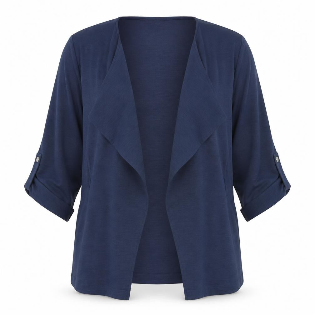 Front view of Dunnes Women’s Blue Open Front Cardigan, size UK 12
