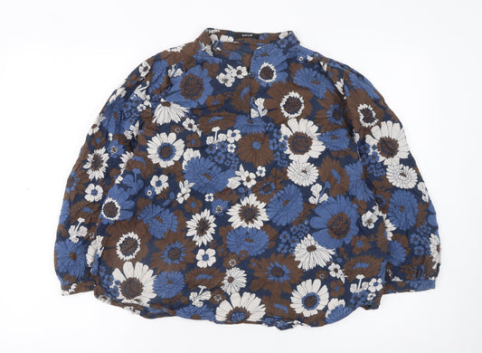 Opus Womens Blue Floral Cotton Long Sleeve Blouse Size 10