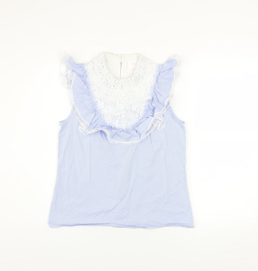 Savida Women’s Blue Striped Lace Ruffle Sleeveless Blouse XS