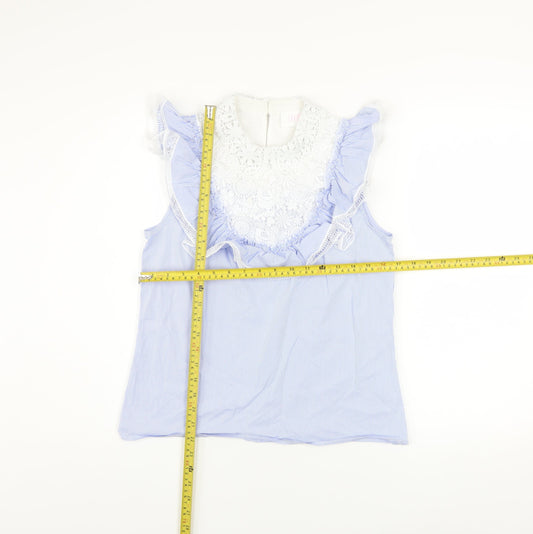 Savida Women’s Blue Striped Lace Ruffle Sleeveless Blouse XS