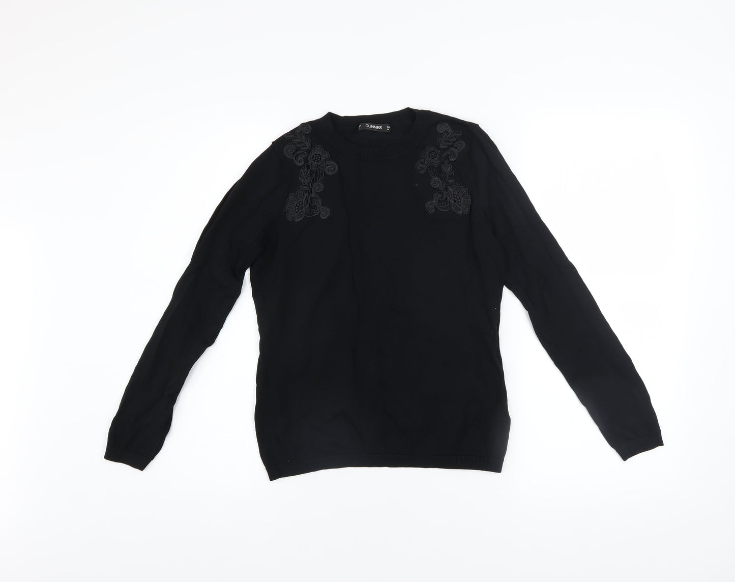 Dunnes Womens Black Embroidered Crew Neck Long Sleeve Jumper Size 8