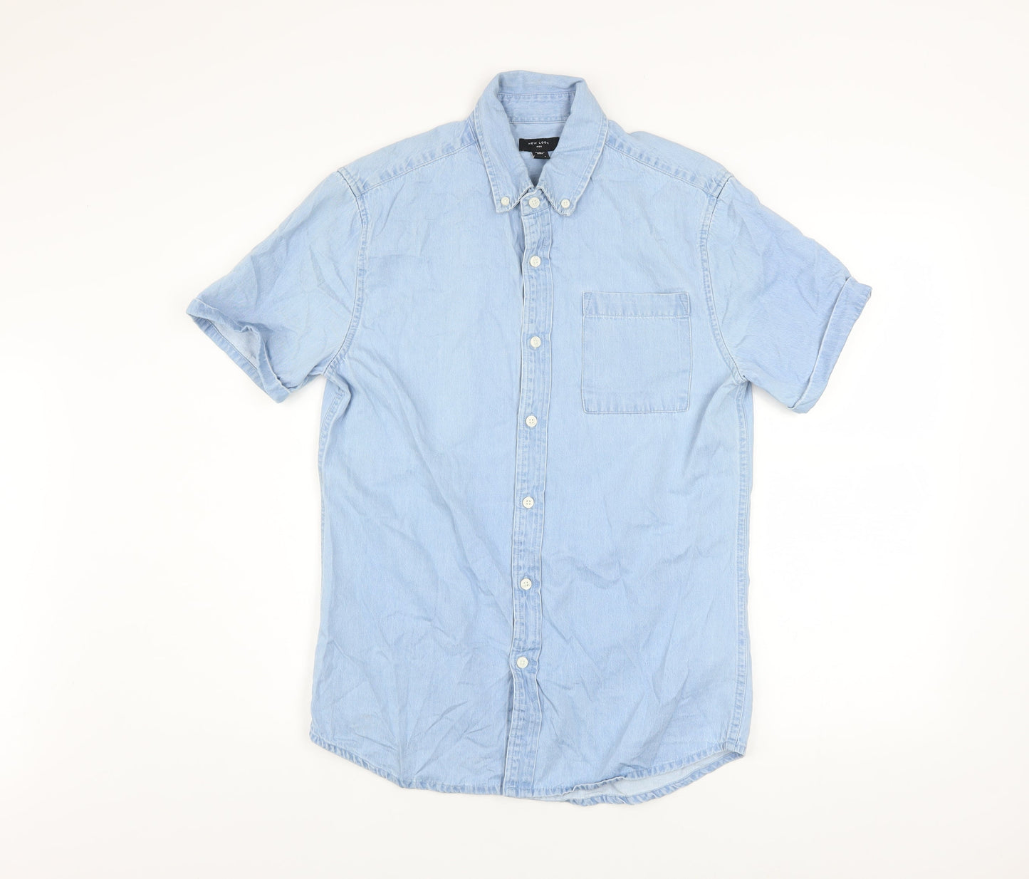 New Look Men Blue Cotton Short Sleeve Button-Up Shirt S