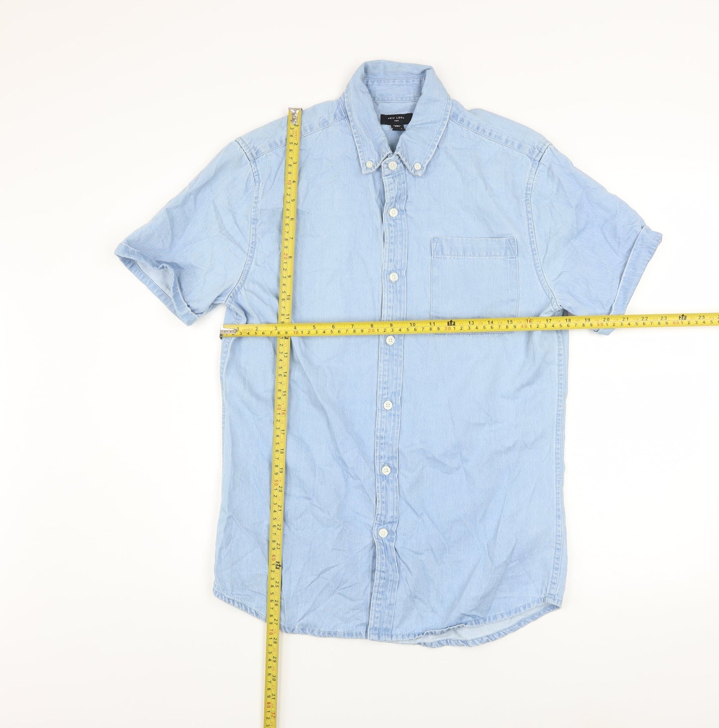 New Look Men Blue Cotton Short Sleeve Button-Up Shirt S