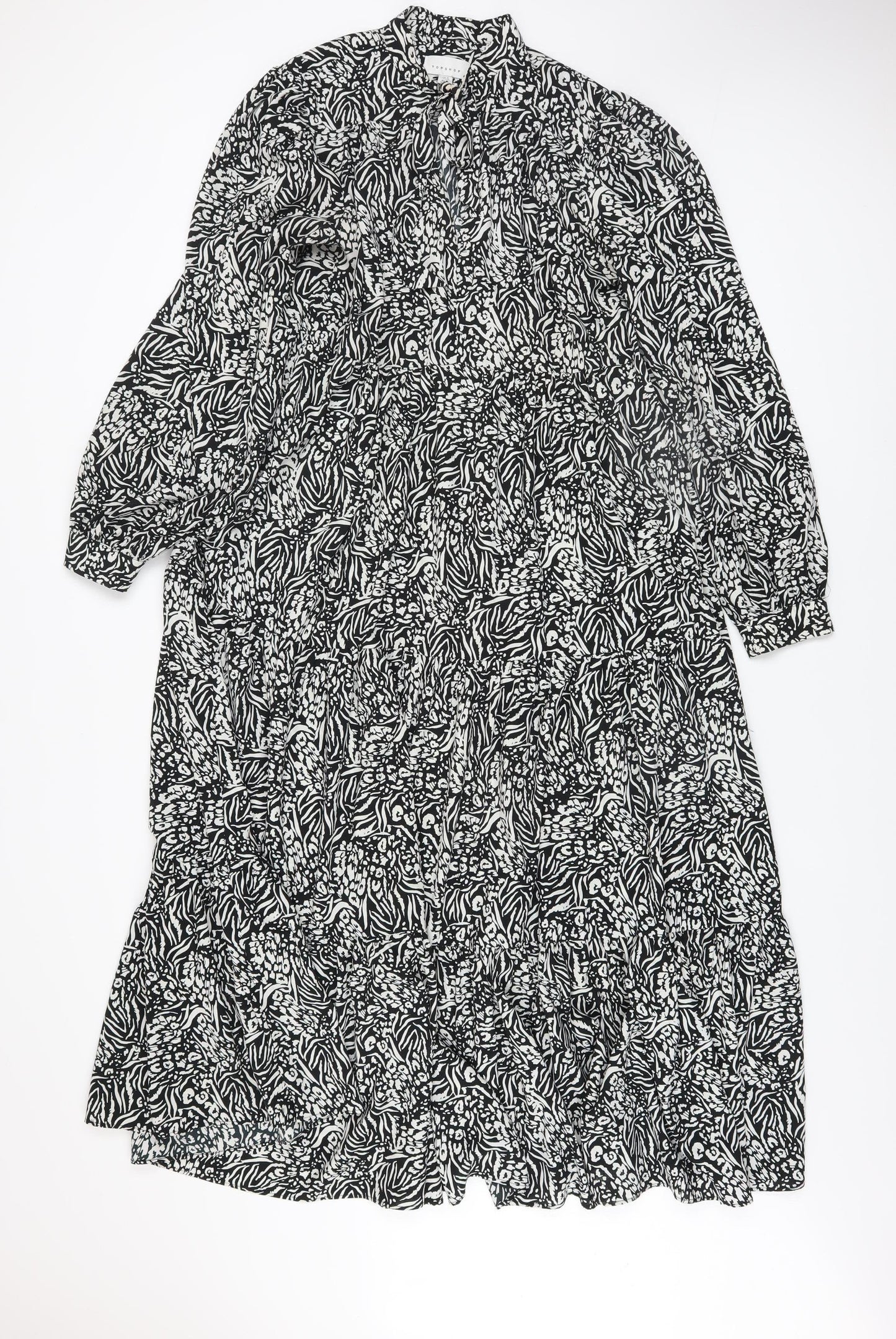 Topshop Women's Black Animal Print Midi Fit & Flare Dress Size 10