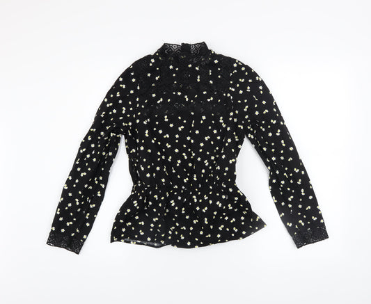 Savida Women's Black Floral Lace High Neck Long Sleeve Blouse XS