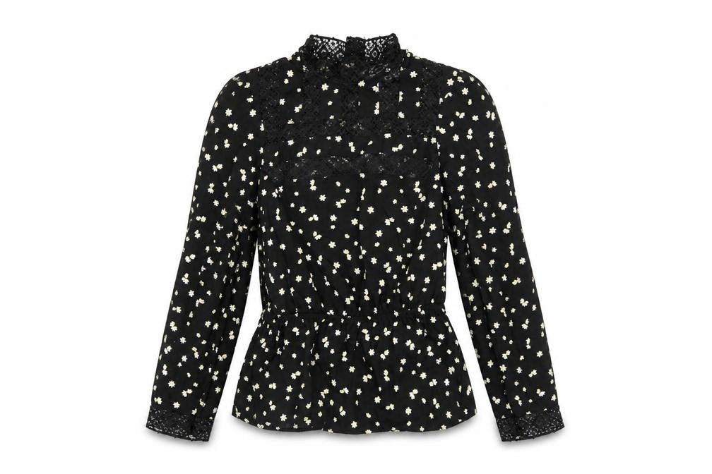 Savida Women's Black Floral Lace High Neck Long Sleeve Blouse XS