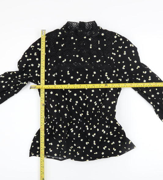 Savida Women's Black Floral Lace High Neck Long Sleeve Blouse XS