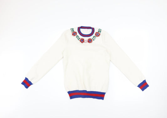 Savida Women’s Ivory Floral Embroidered Crew Neck Jumper XS