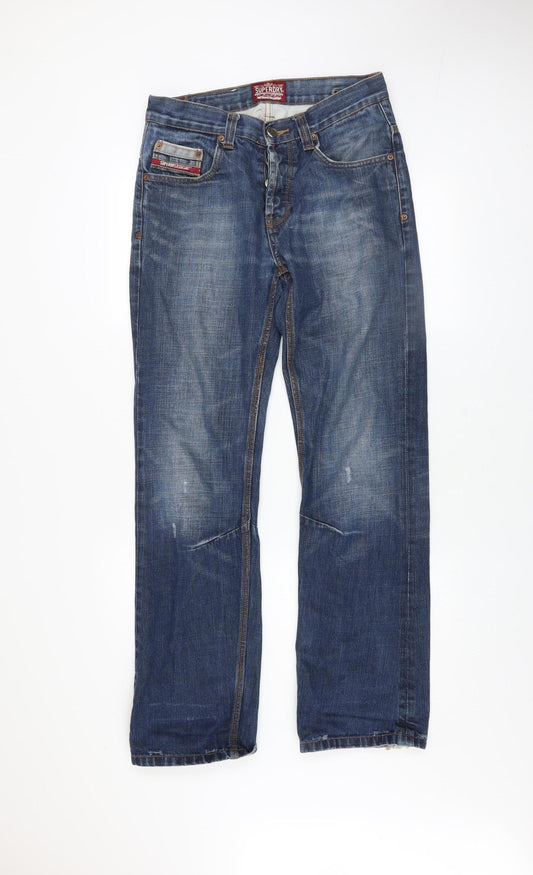 Superdry Mens Blue Straight Jeans Size 30 Distressed Denim