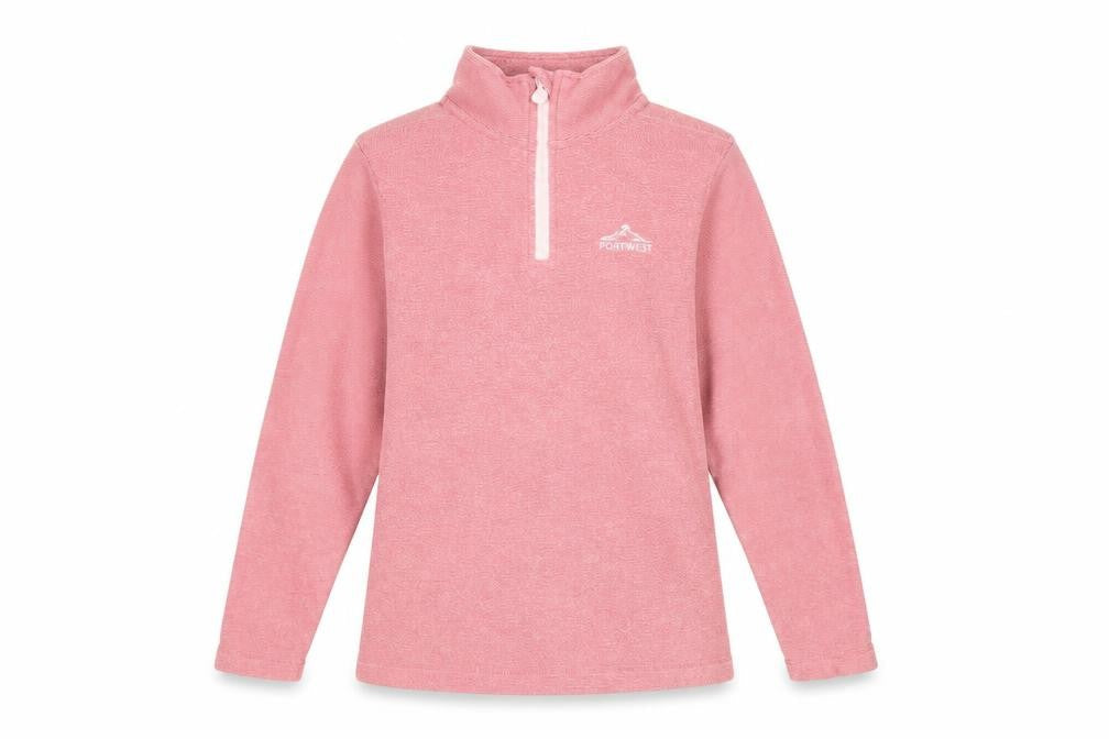 Front view of Portwest girls’ pink fleece 1/4 zip pullover sweatshirt 11-12 years
