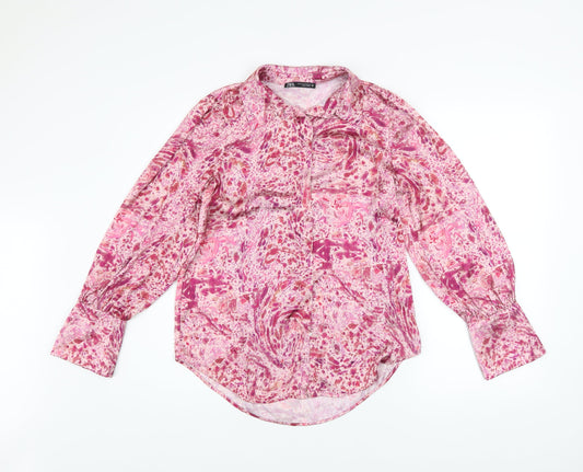 Zara Women Pink Multicoloured Button-Up Blouse XS Long Sleeve Polyester