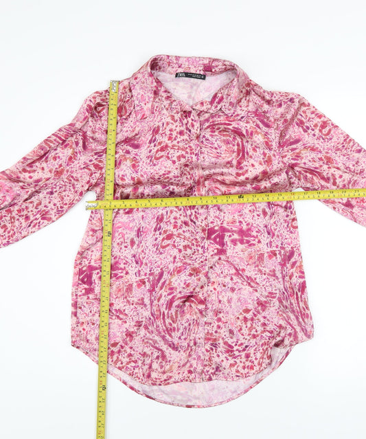 Zara Women Pink Multicoloured Button-Up Blouse XS Long Sleeve Polyester